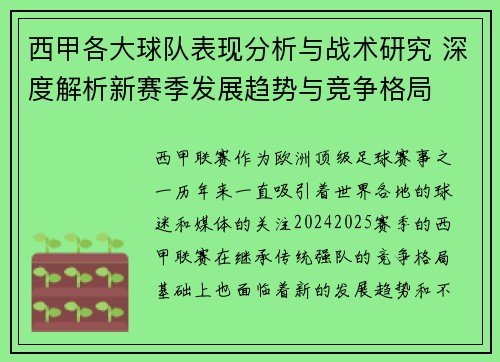 西甲各大球队表现分析与战术研究 深度解析新赛季发展趋势与竞争格局 西甲各大球队表现分析与战术研究 深度解析新赛季发展趋势与竞争格局